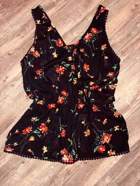 Sienna Sky Black Floral Top with Red and Green Accents
